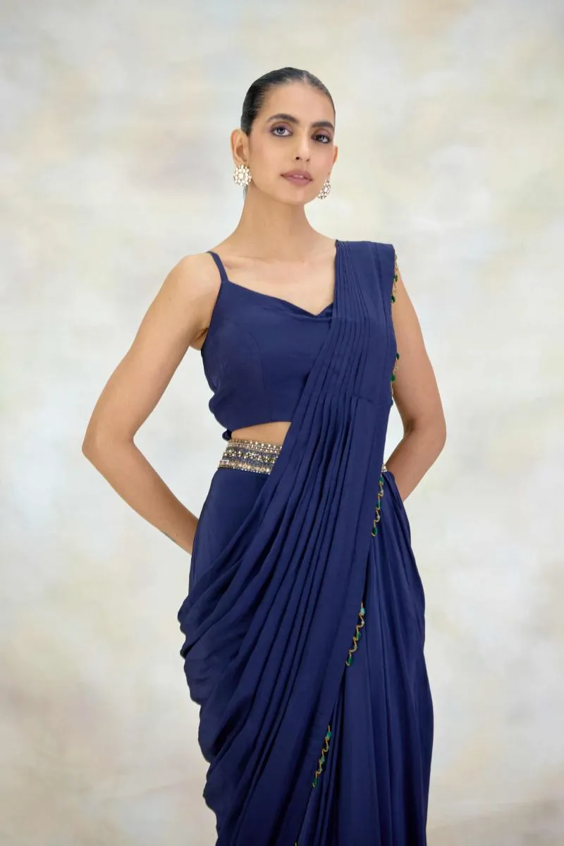 Navy Blue Crepe Drape Saree
