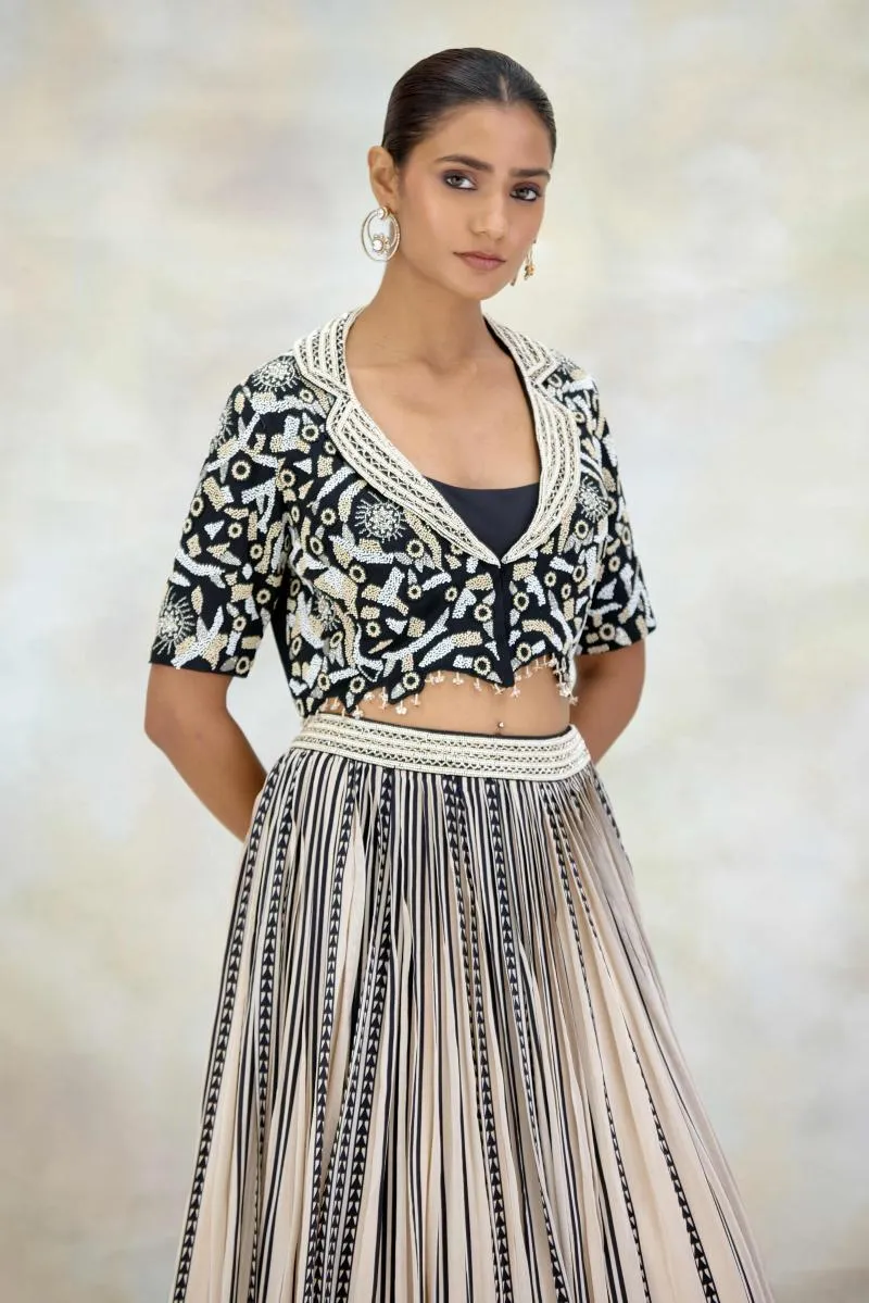 Black and Ivory Crepe Lehenga Set