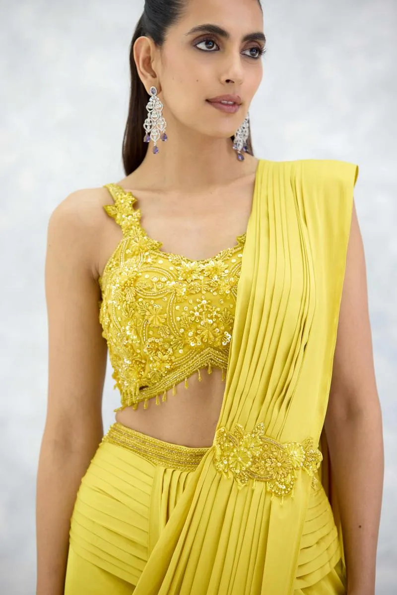 Yellow Satin Drape Saree
