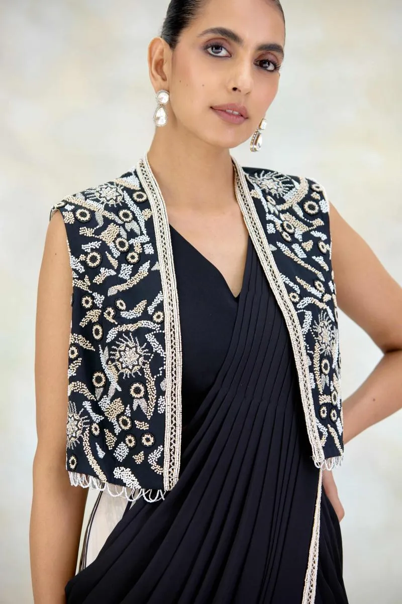 Black and Ivory Printed Crepe Drape Saree