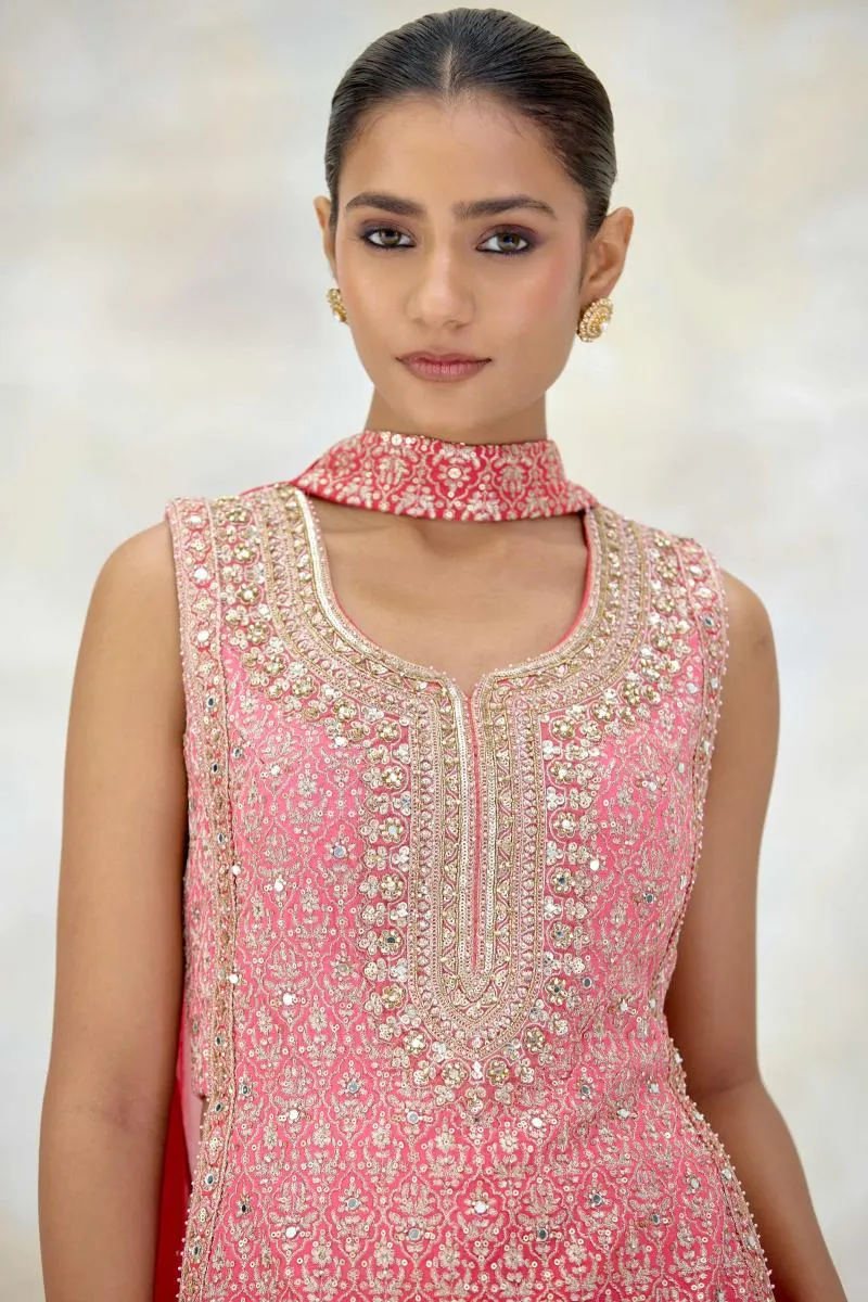 Coral Pink Georgette Sharara Set