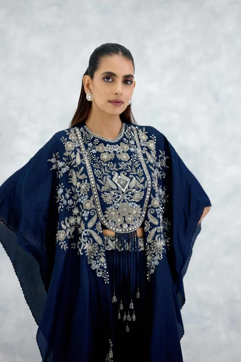 Ink Blue Silk Sharara Set