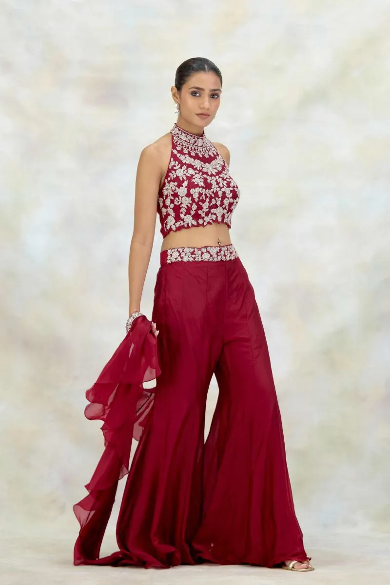 Cherry Maroon Silk Sharara Set