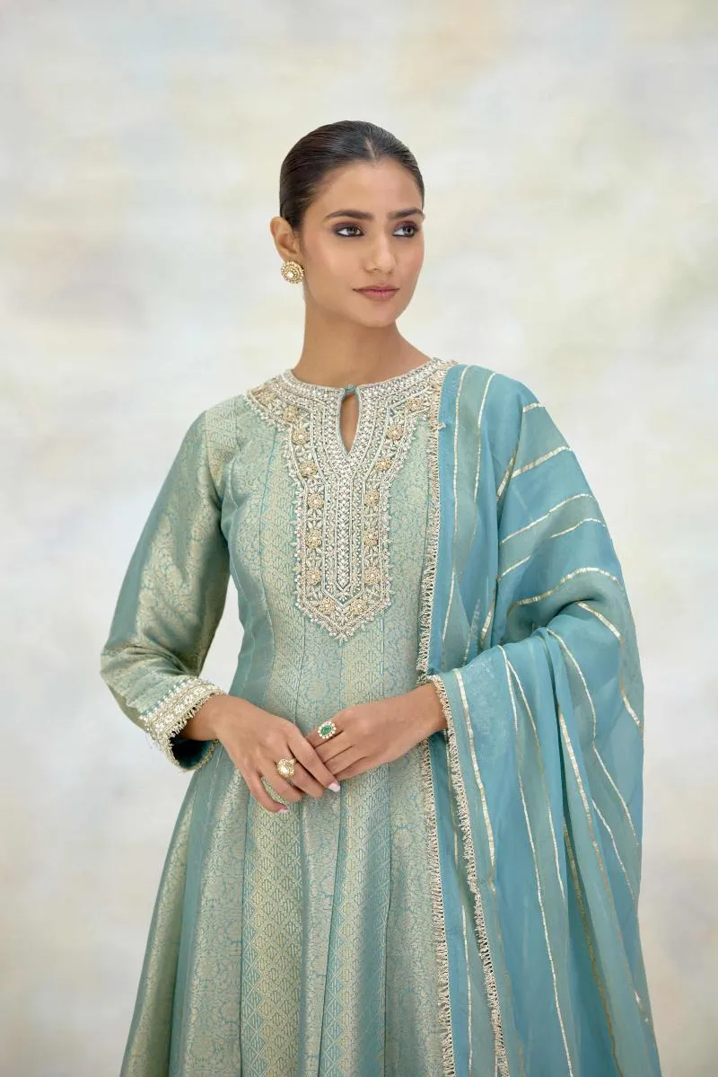 Powder Blue Banarasi Silk Anarkali Set