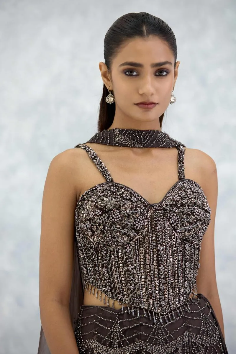 Earthy Brown Organza Lehenga Set