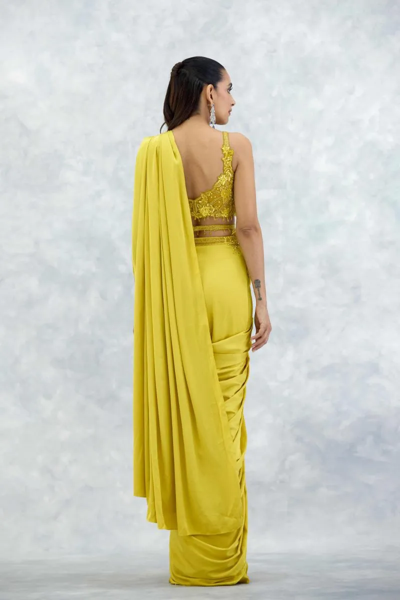Yellow Satin Drape Saree