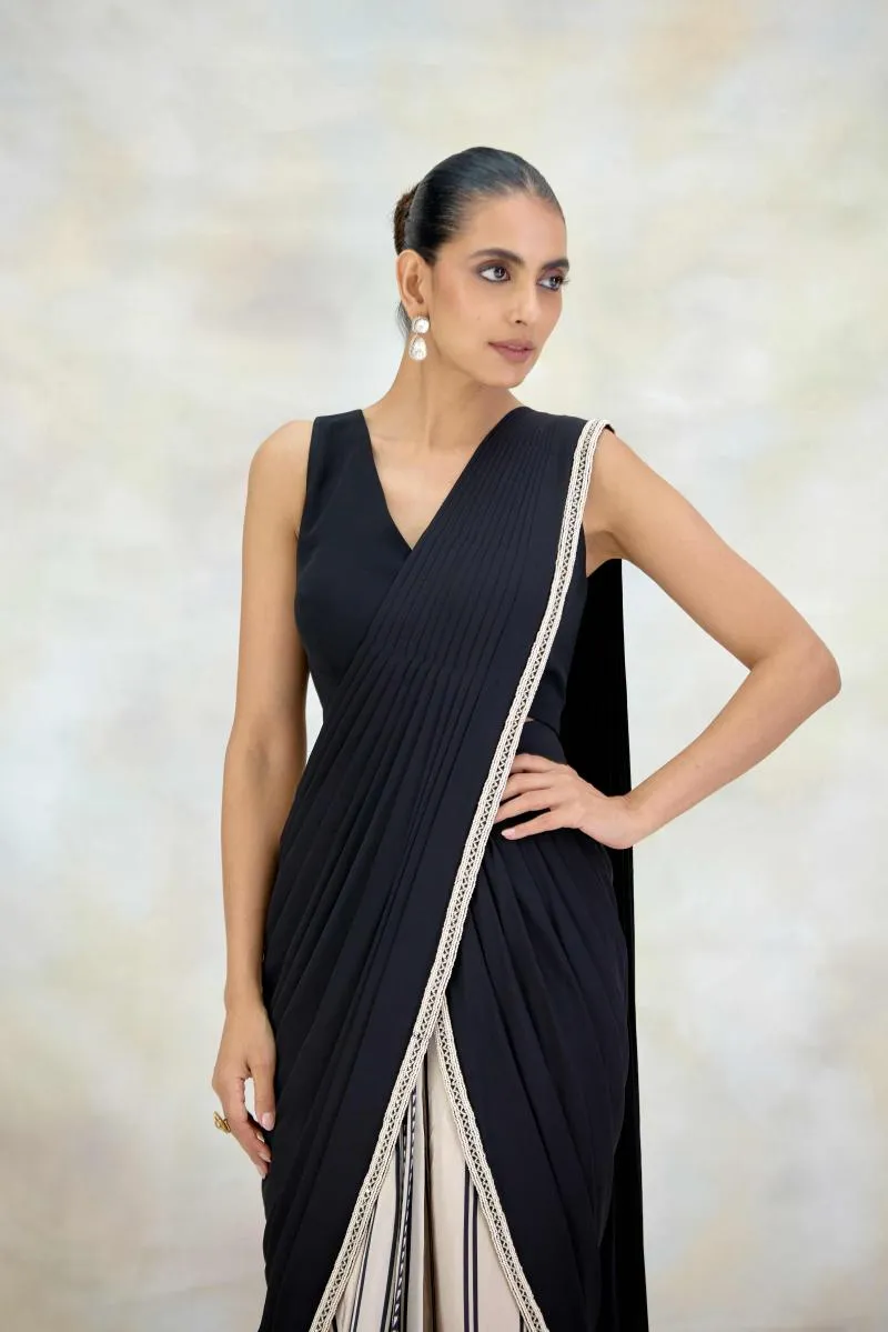 Black and Ivory Printed Crepe Drape Saree