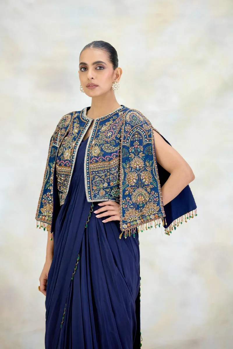 Navy Blue Crepe Drape Saree