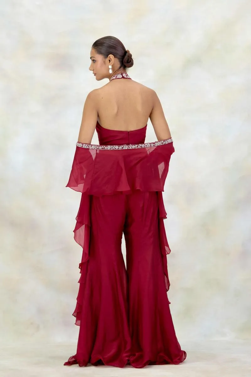 Cherry Maroon Silk Sharara Set