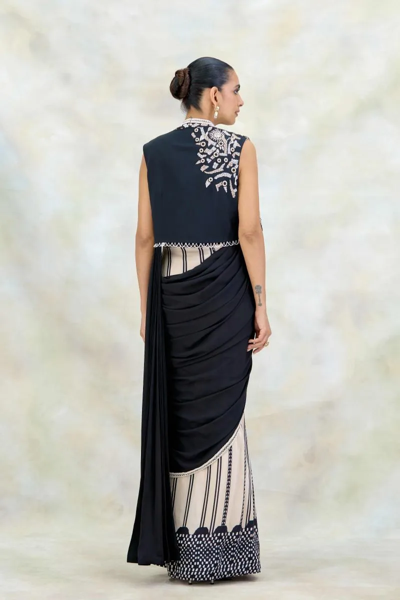 Black and Ivory Printed Crepe Drape Saree