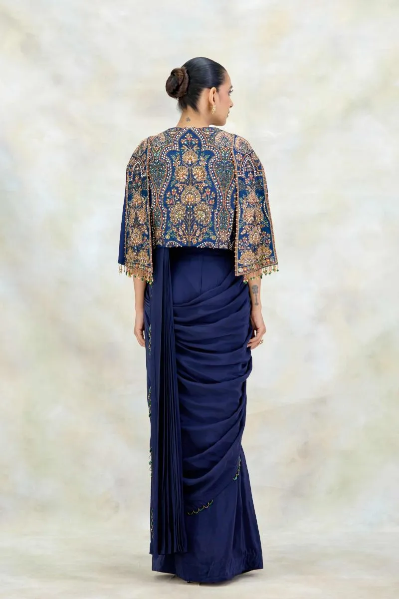 Navy Blue Crepe Drape Saree