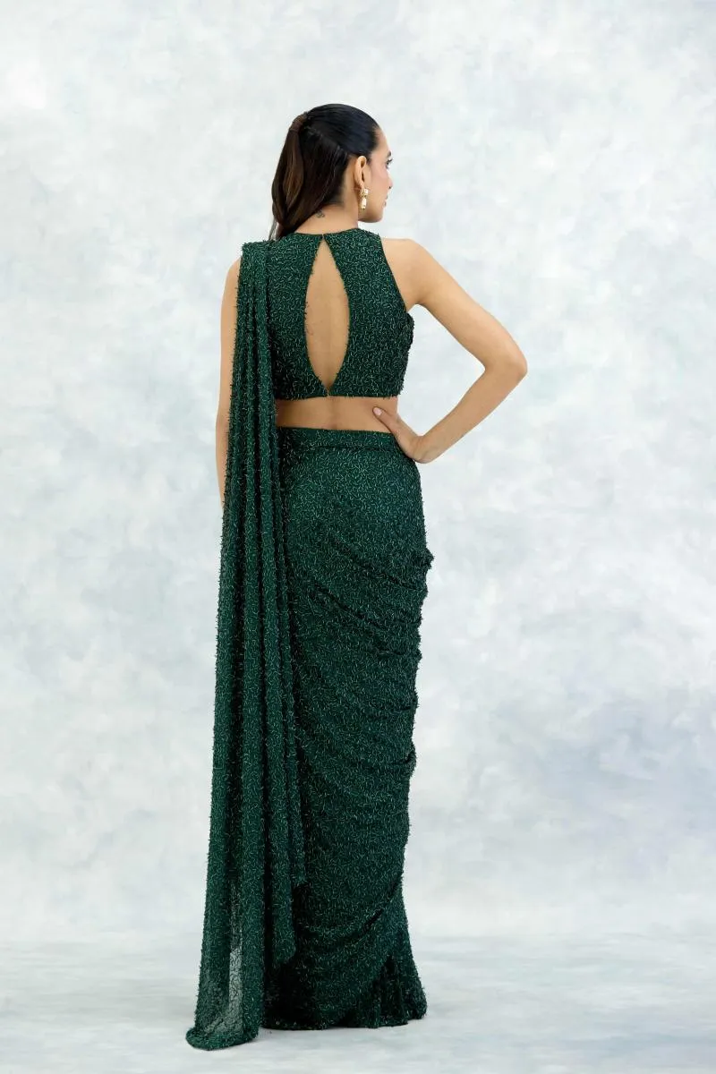 Forest Green Lyrca Net Drape Saree