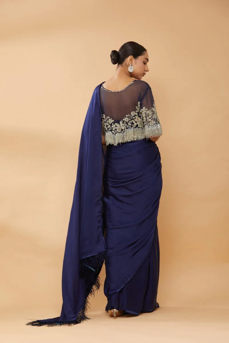 Ink Blue Net Embroidery Saree