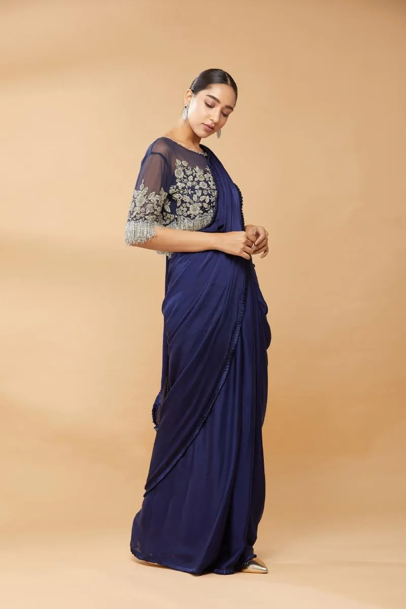 Ink Blue Net Embroidery Saree