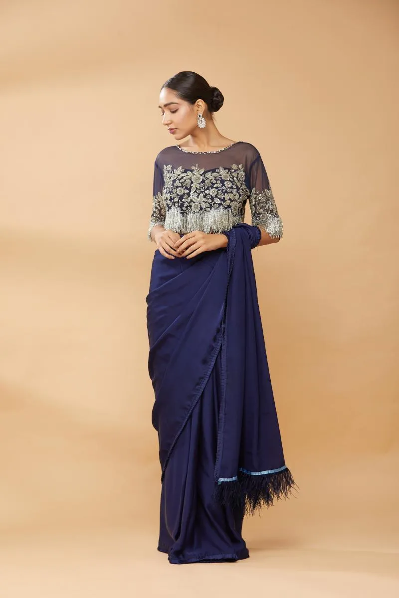 Ink Blue Net Embroidery Saree
