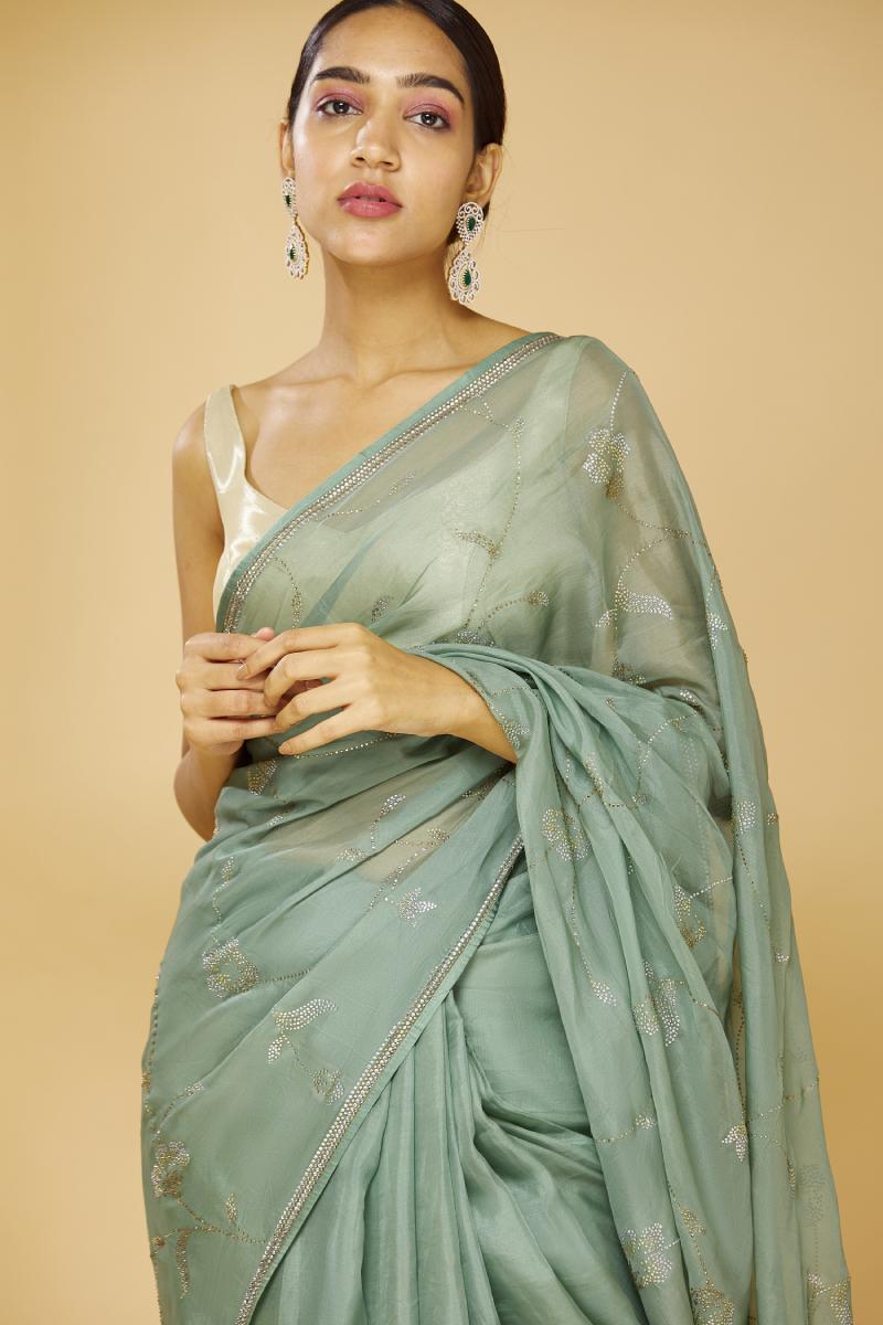 Buy Russian Green Embroidered Saree For Women Online