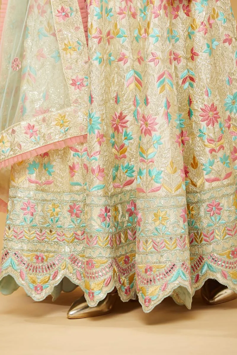 Champagne Beige Emdroidered Anarkali with Net Dupatta and Lycra Churidar