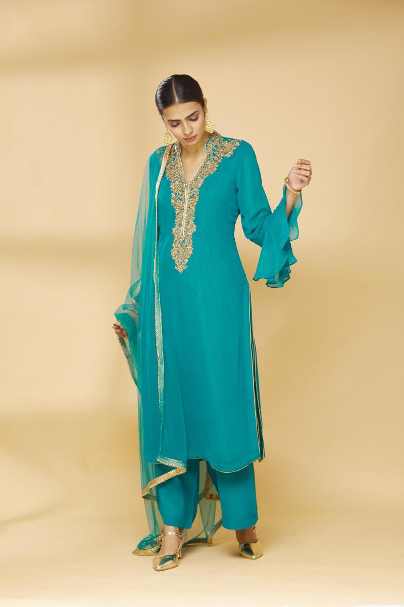 Buy Turquoise Embroidered Plazzo Suit For Women Online