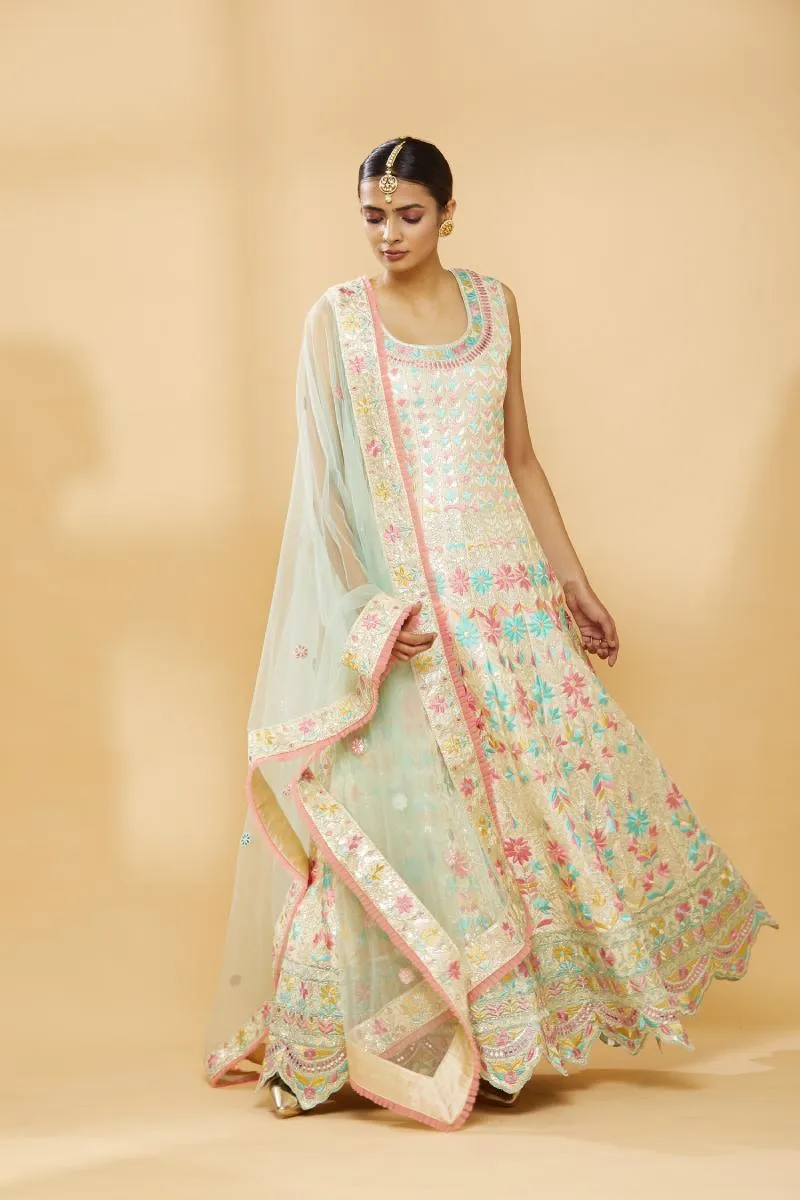 Champagne Beige Emdroidered Anarkali with Net Dupatta and Lycra Churidar