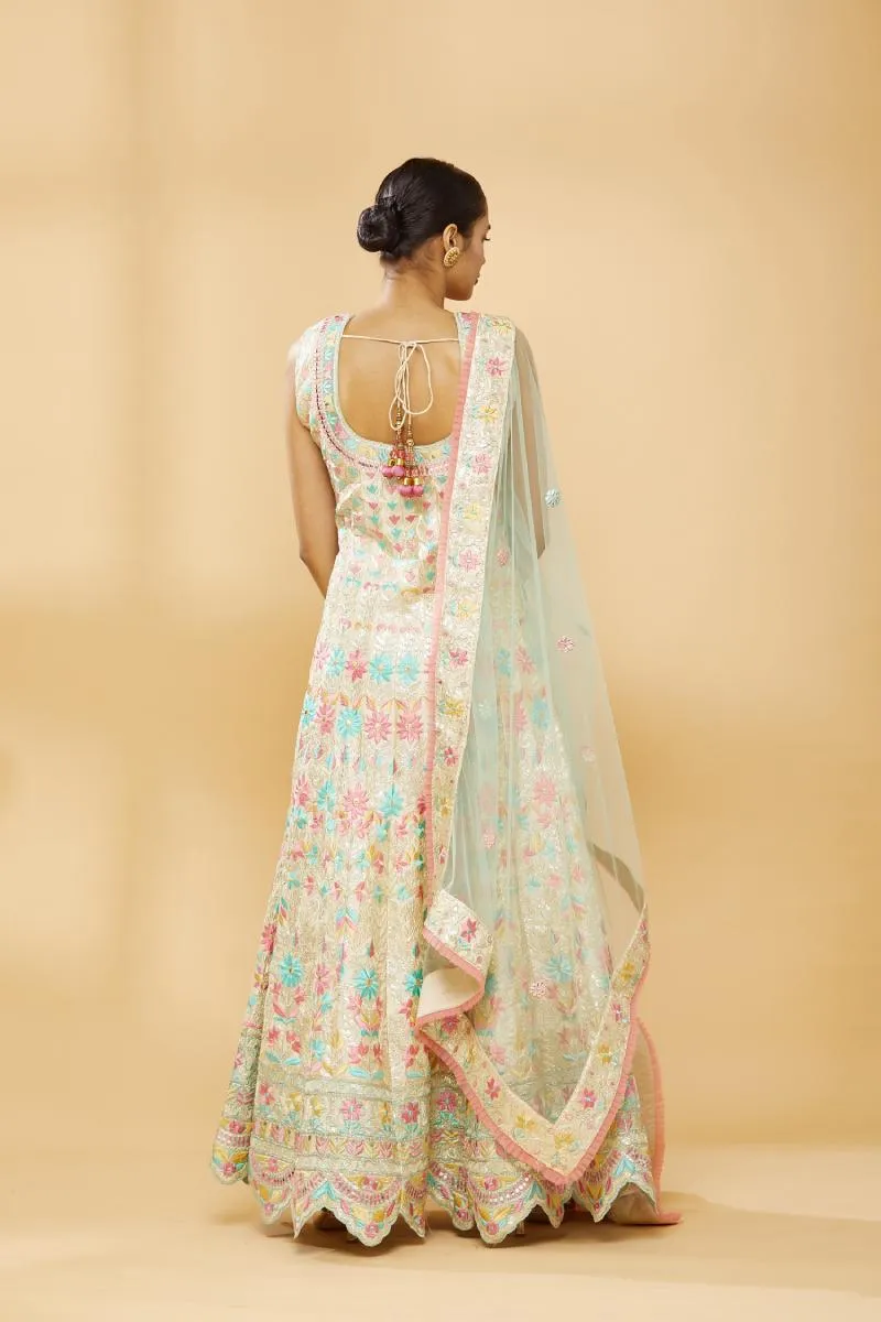 Champagne Beige Emdroidered Anarkali with Net Dupatta and Lycra Churidar