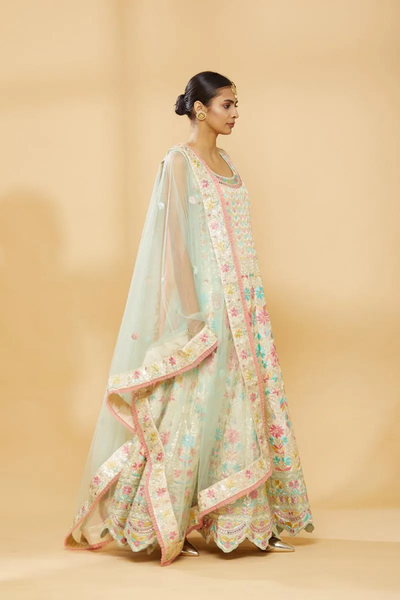 Champagne Beige Emdroidered Anarkali with Net Dupatta and Lycra Churidar
