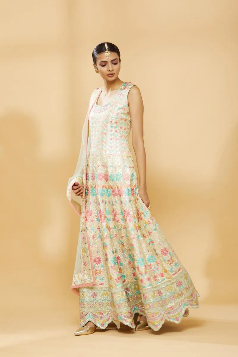 Champagne Beige Emdroidered Anarkali with Net Dupatta and Lycra Churidar
