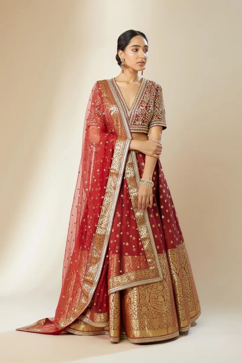 Deep Red Banarasi Silk Lehenga