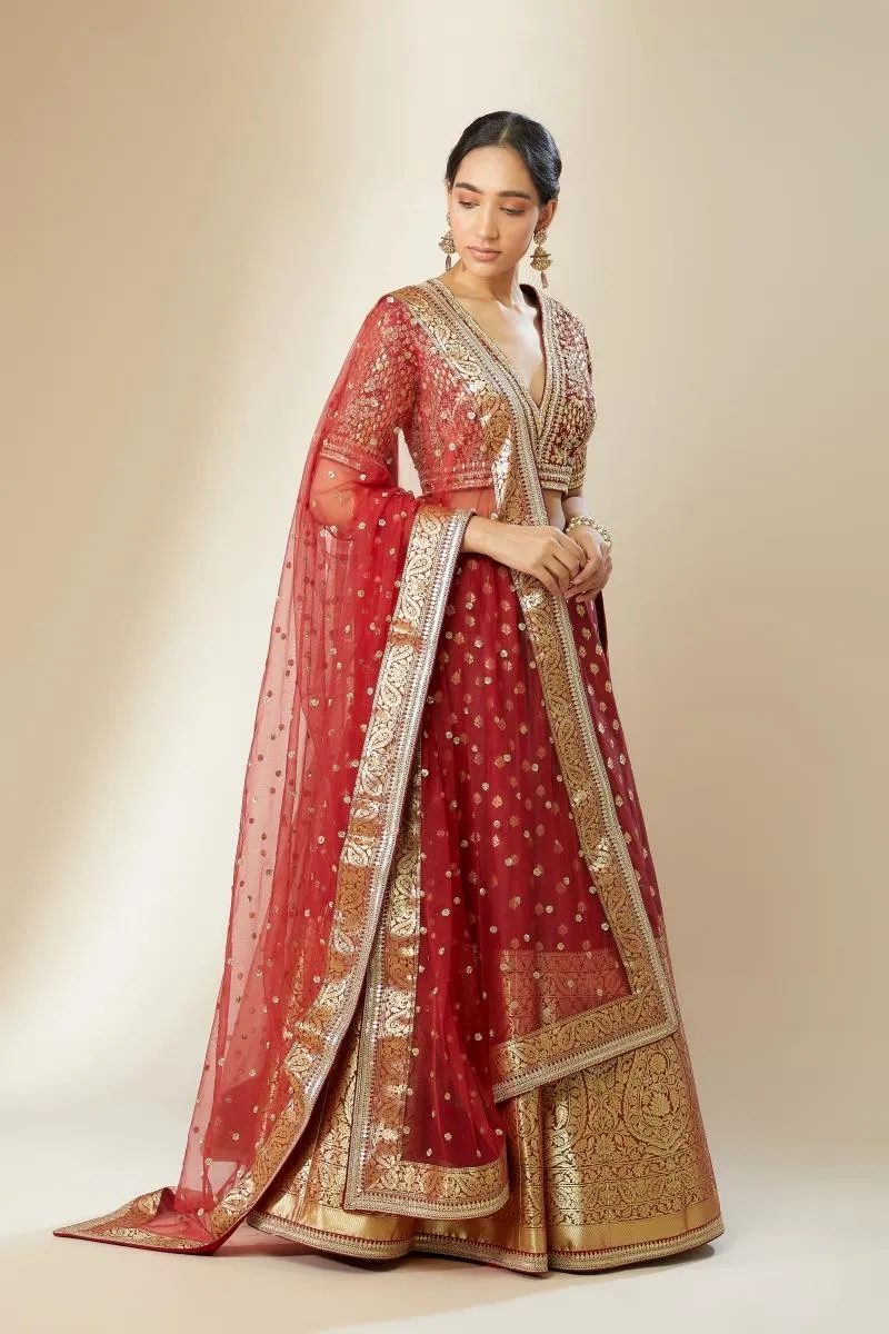 Deep Red Banarasi Silk Lehenga