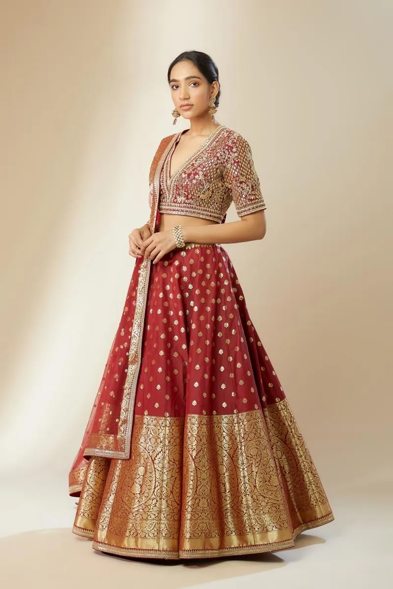 Deep Red Banarasi Silk Lehenga