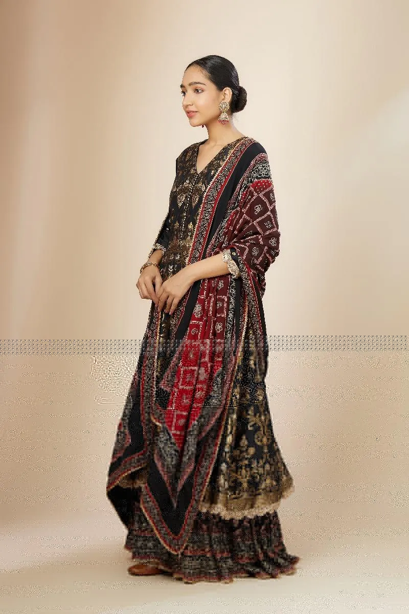 Black Brocade Double Layer Anarkali Set