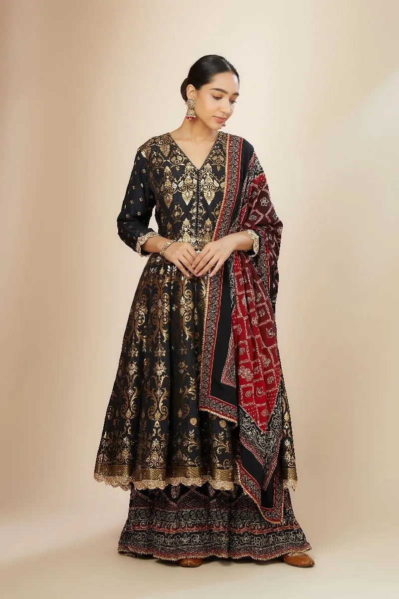 Black Brocade Double Layer Anarkali Set