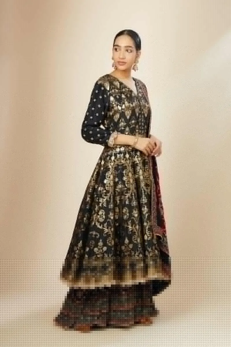 Black Brocade Double Layer Anarkali Set