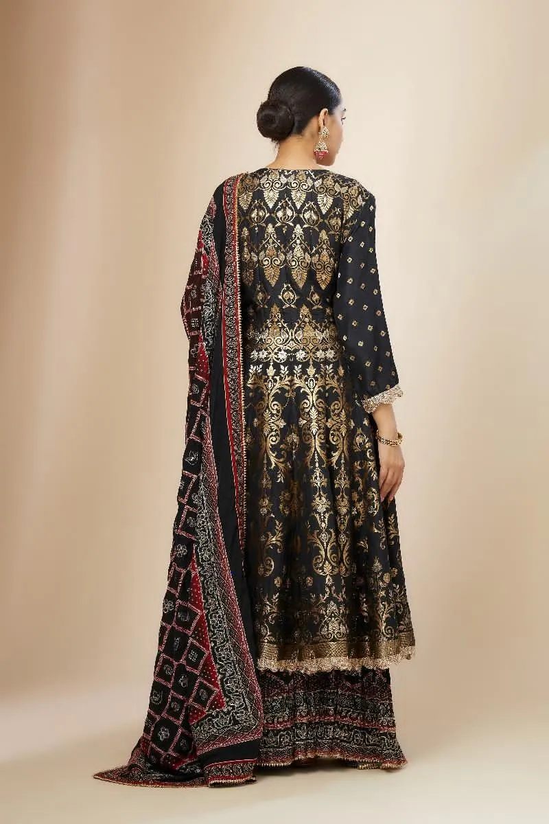Black Brocade Double Layer Anarkali Set
