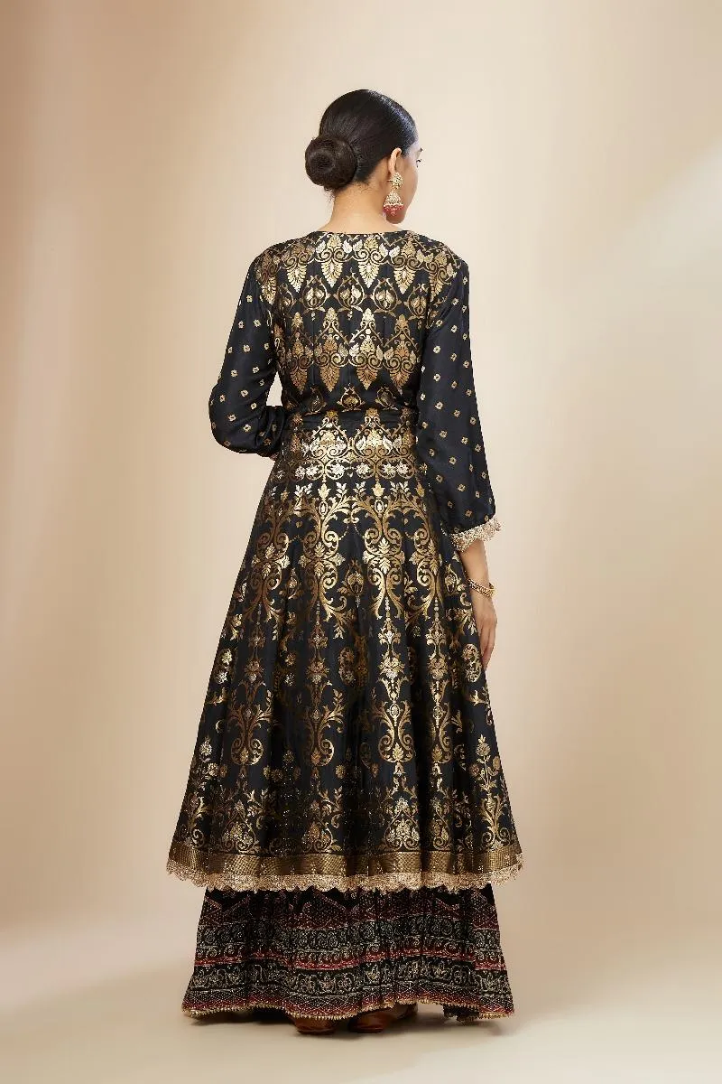 Black Brocade Double Layer Anarkali Set