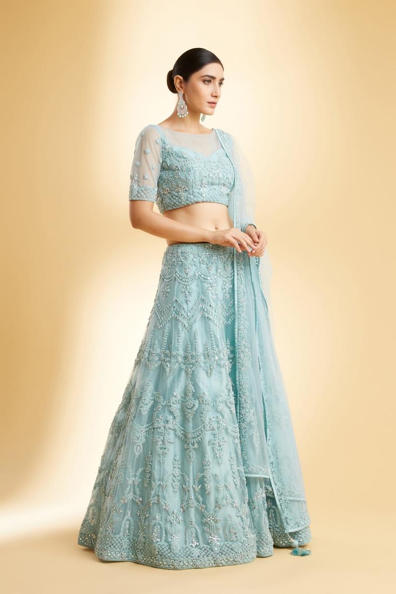 Buy Mint Blue Net Lehenga For Women Online