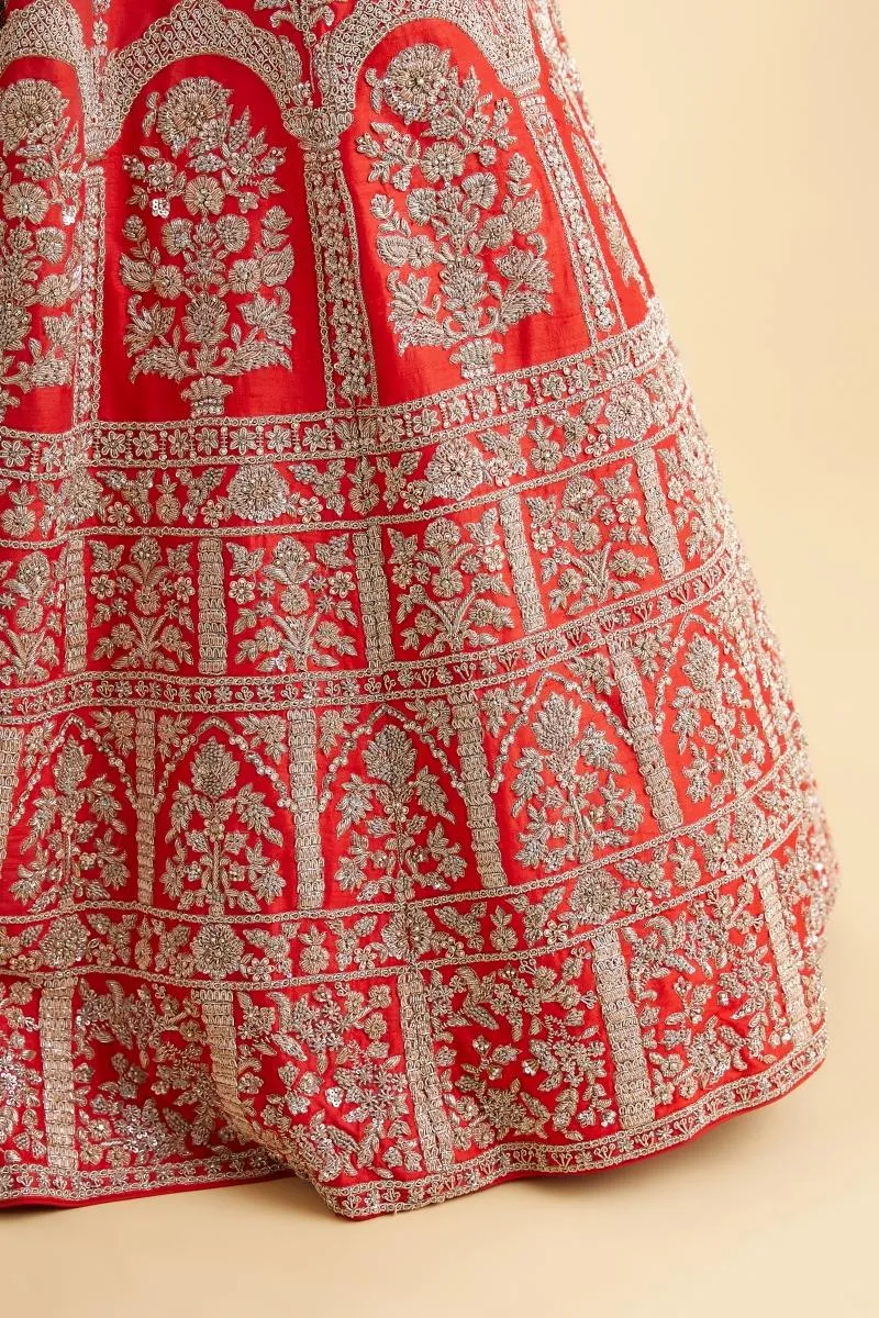 Vermillion Red Raw Silk Lehenga