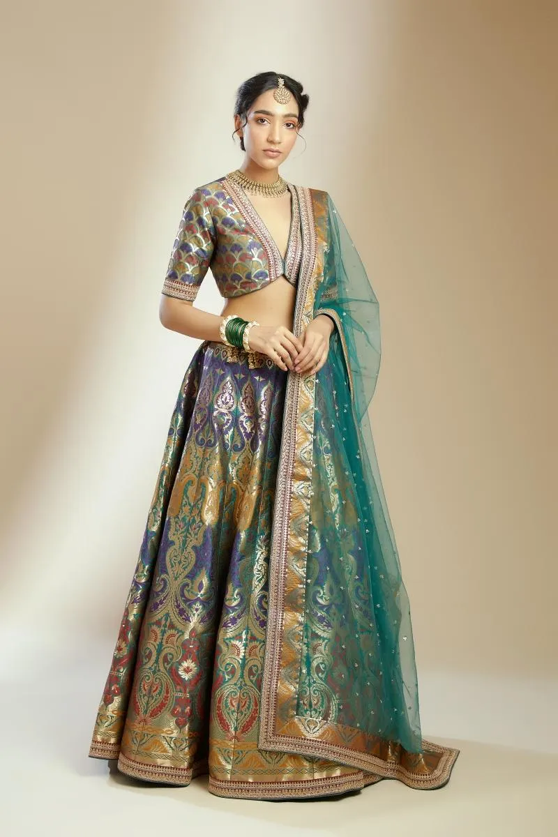 Teal Green Banarasi Silk Lehenga