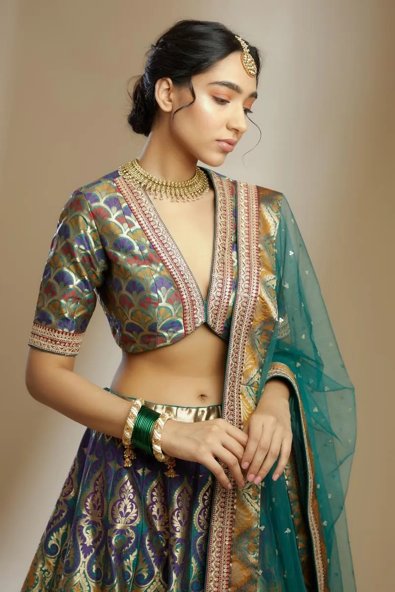 Teal Green Banarasi Silk Lehenga