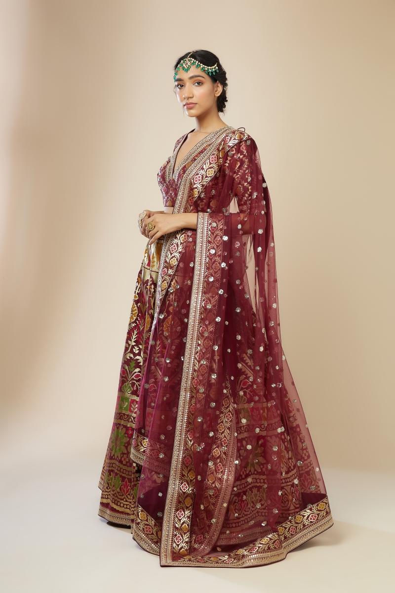 Buy Maroon Banarasi Silk Lehenga Set For Women Online