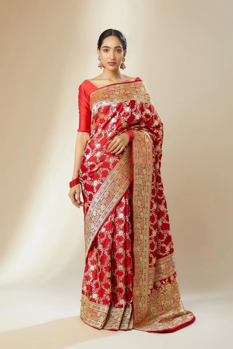 Red Banarasi Satin Silk Saree