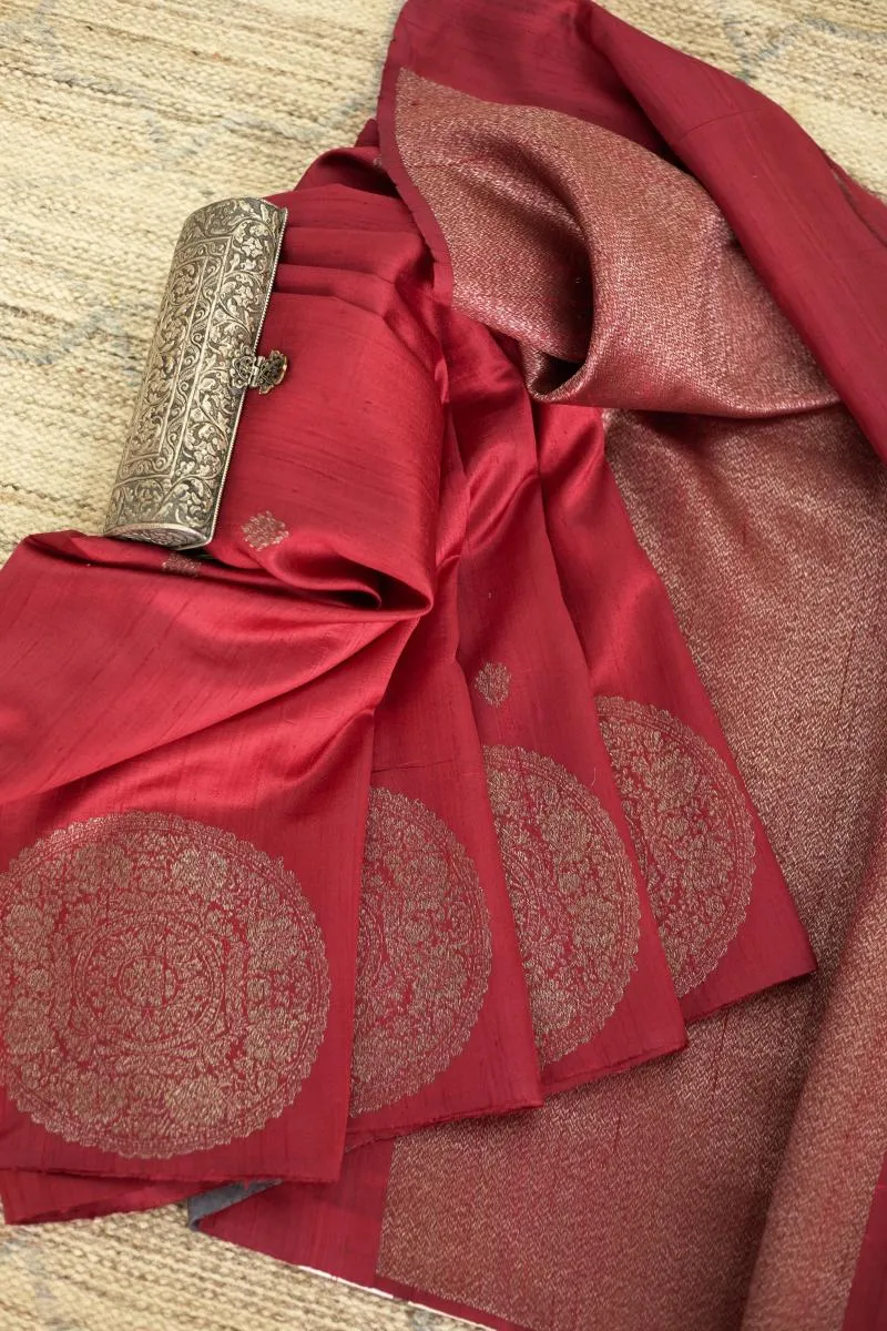Crimson Banarasi Tussar Silk Saree