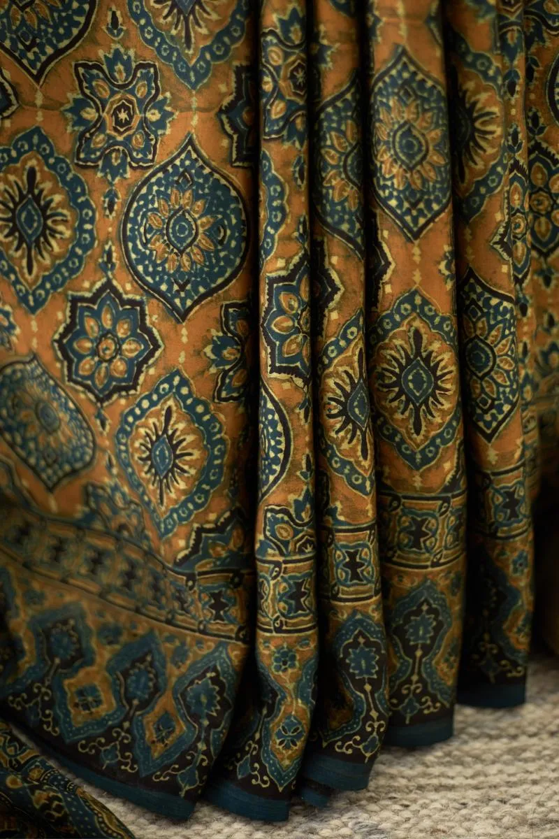 Peacock Blue Ajrakh Print Silk Saree