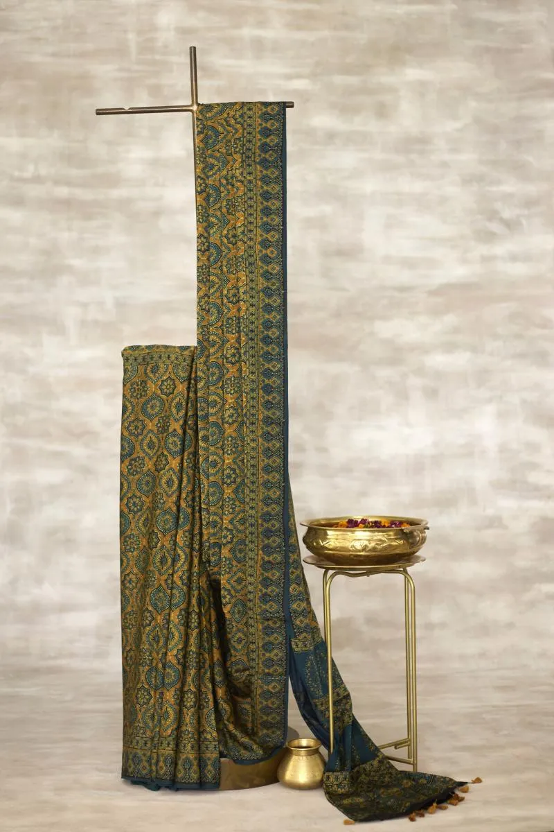 Peacock Blue Ajrakh Print Silk Saree
