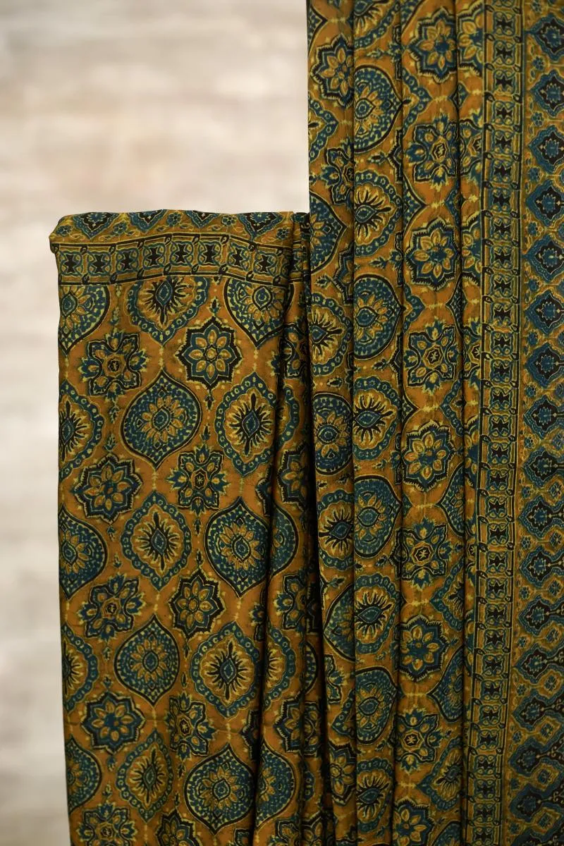 Peacock Blue Ajrakh Print Silk Saree