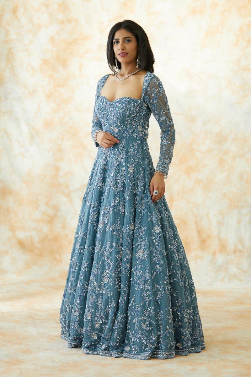 Buy Dusty Blue Embroidered Net Gown For Women Online - Frontierraas