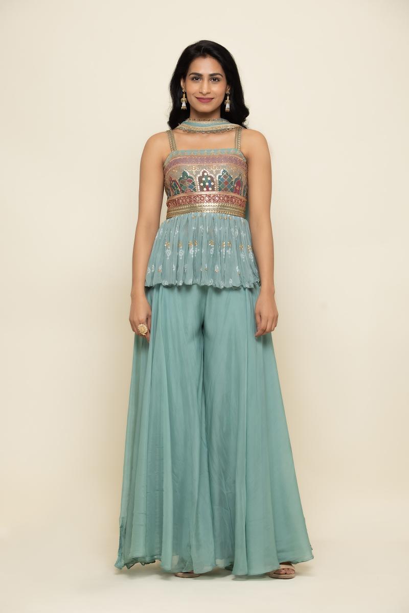 Pale Blue Goergette Sharara Suit- Frontier Raas