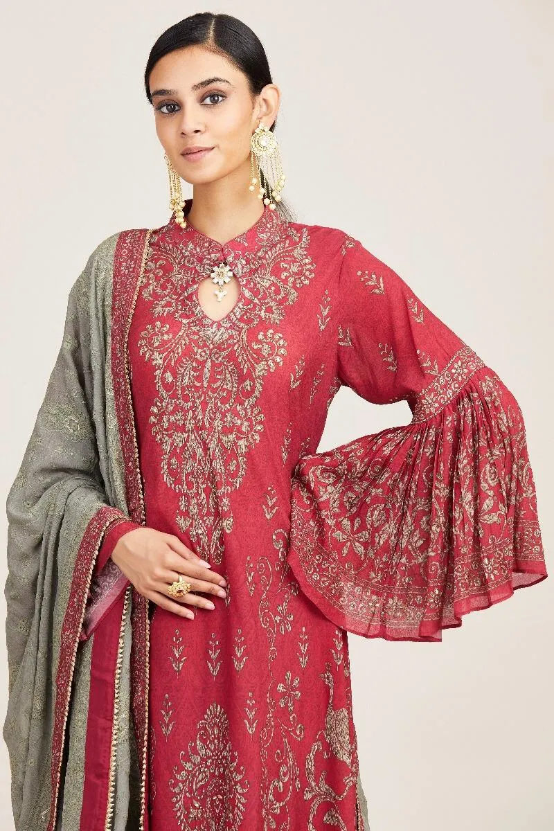 Pink flare sleeve straight kurta set