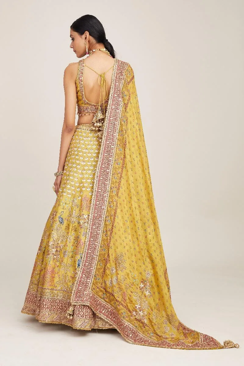 Yellow Floral Design Silk Lehenga