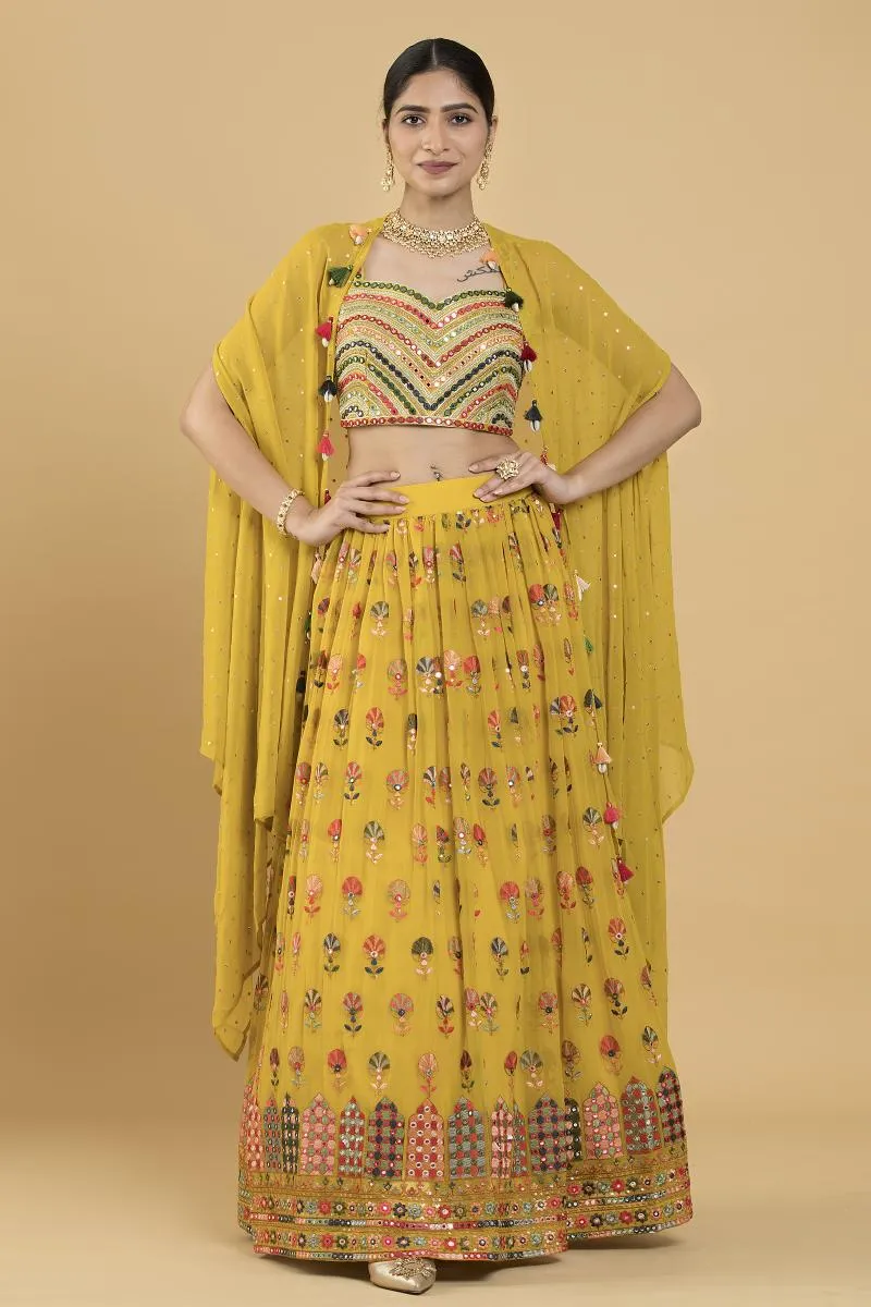 Yellow Cape Georgette Lehenga