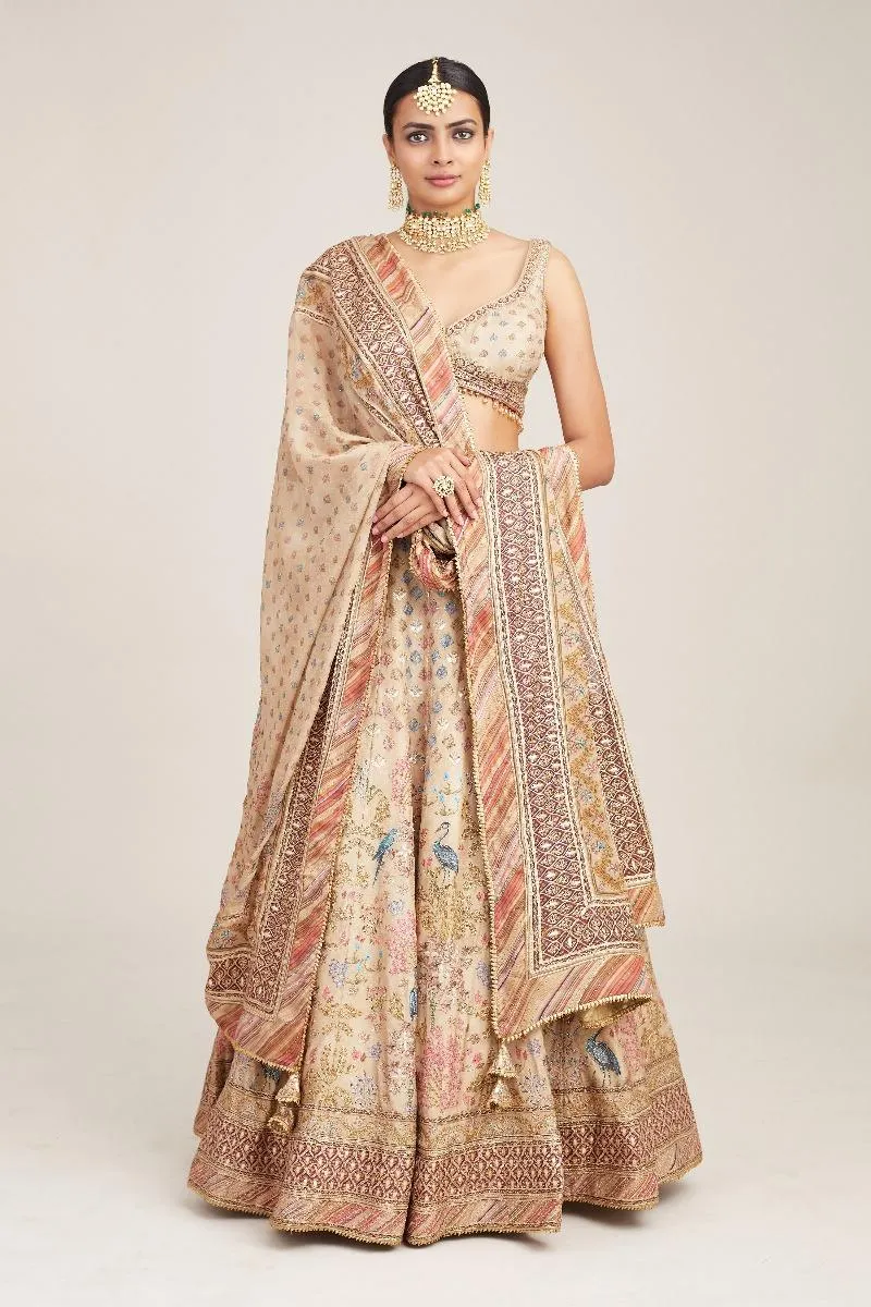 Beige Floral Design Silk Lehenga
